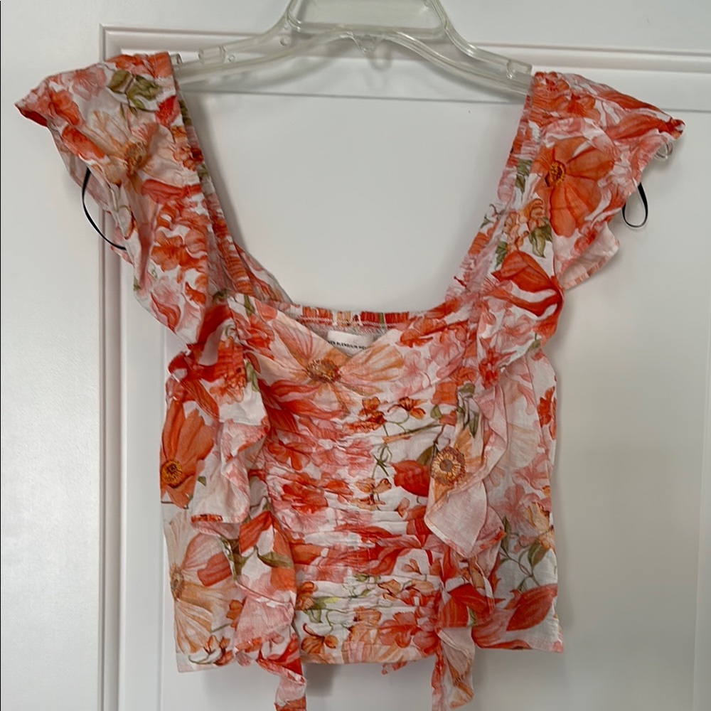 Floral Ruffle Sleeve Top - Orange and White